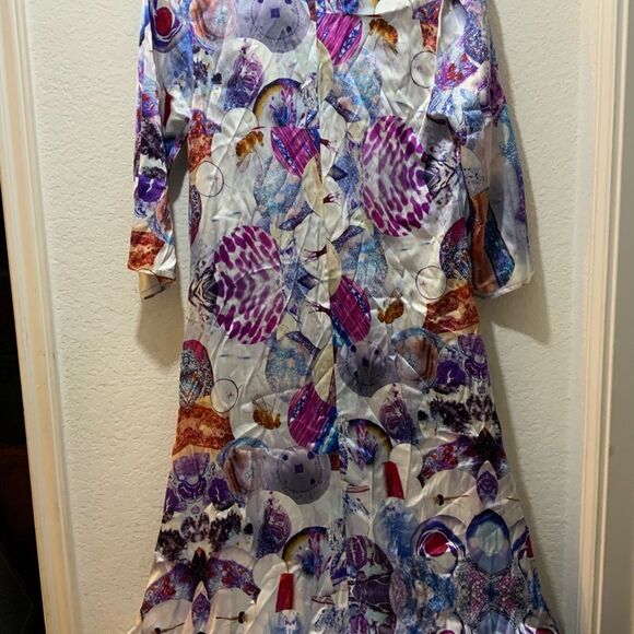 UNBREAK.IT Silk dress MARY MICROSCOPY  with 3/4 sleeves stand up collar D8 - Picture 7 of 12